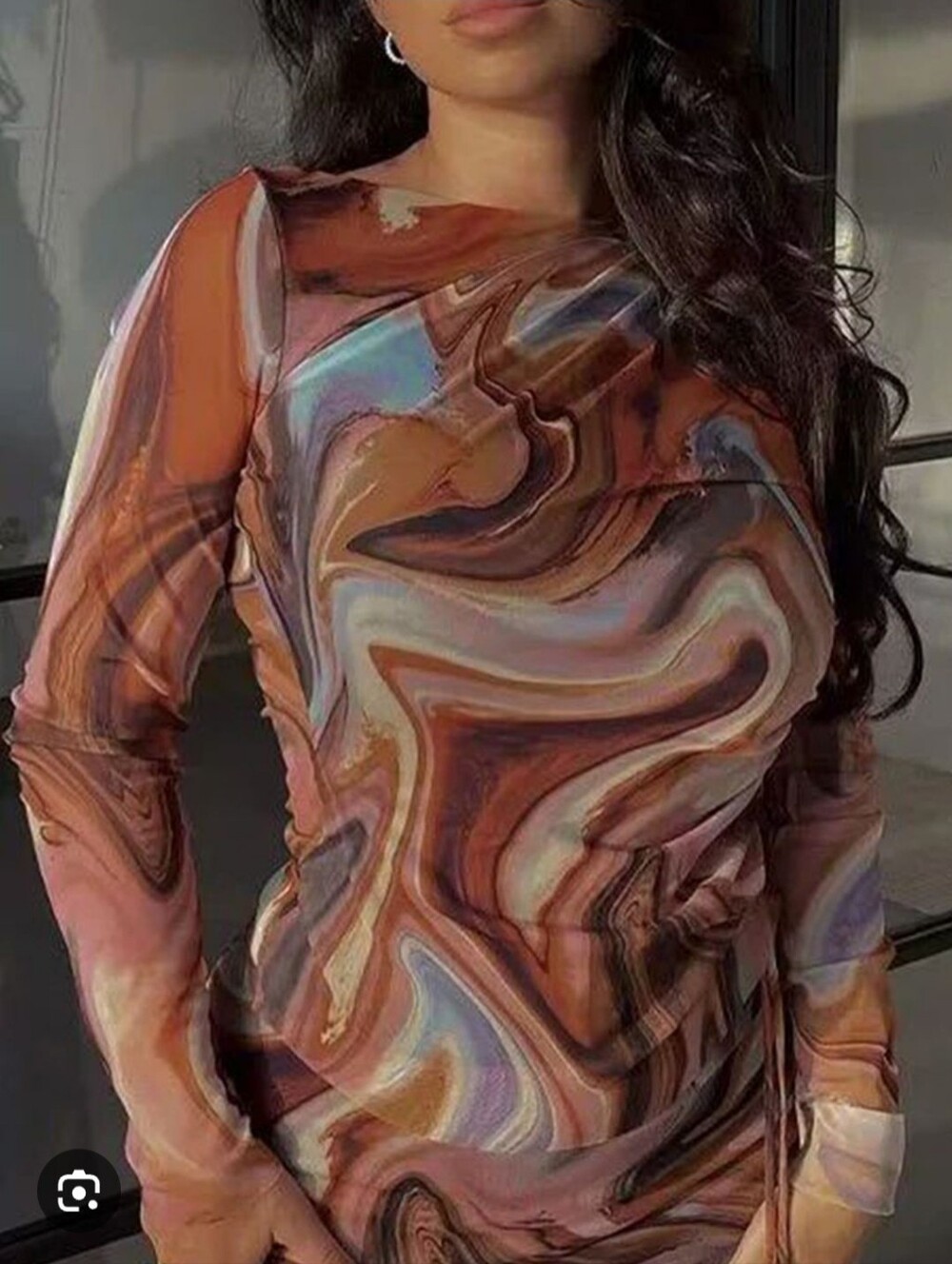 Zara Brown Multicolor Swirl Mesh Long Sleeve Top